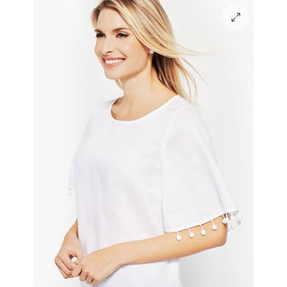 Talbots Linen Women’s Blouse Size Medium White Pom Pom Beachy Breathable Preppy - Picture 2 of 9